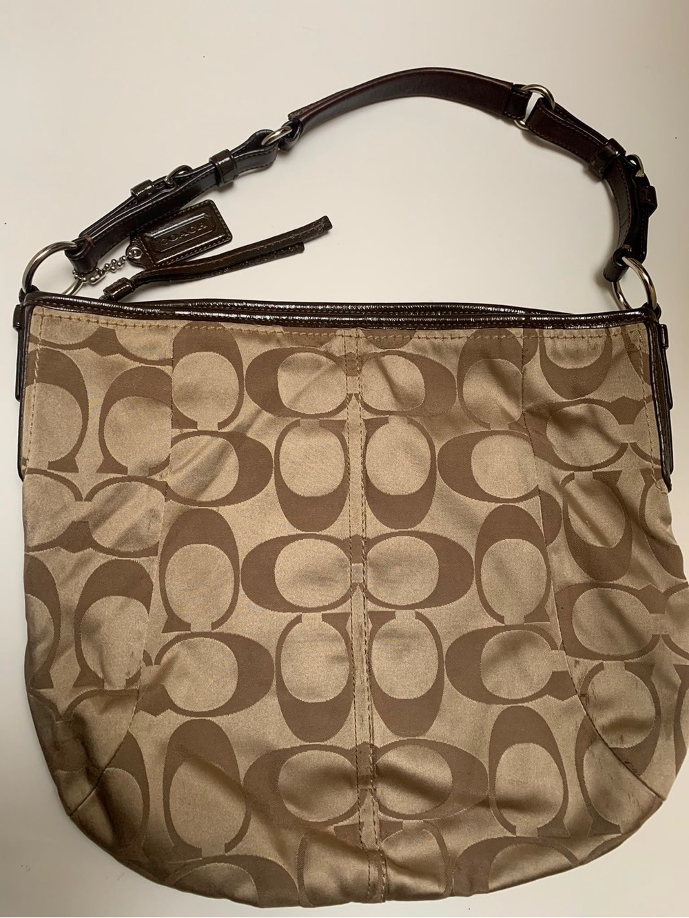 Vintage Coach Tan Logo Fabric and Patent Leather Trim